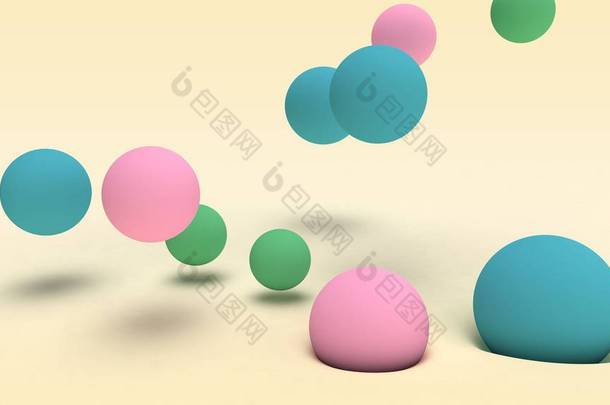三维渲染许多不同尺寸的彩球在米色表面和半面上方的空间。 摘要背景、面向未来的设计、<strong>桌面图</strong>像、抽象构图.