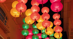 五彩缤纷的中国传统灯笼，除夕夜挂在户外过年
