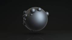 三维渲染一个大球体，许多小球体沉浸在一个大球体的表面。 在暗反射背景上的球面图像. 关于未来主义构图的想法.