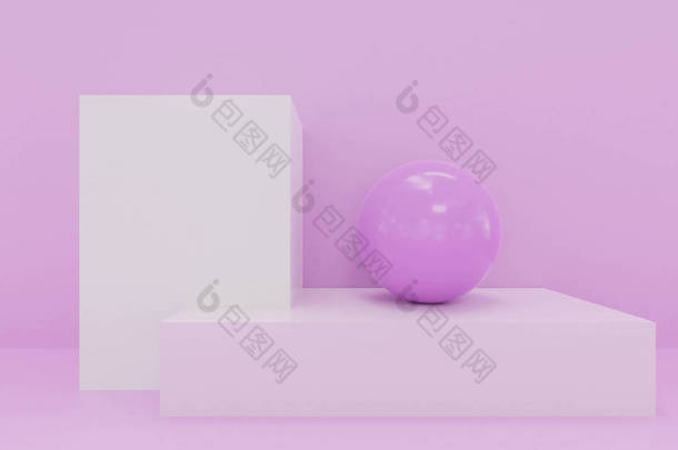 色彩斑斓的抽象<strong>几何图</strong>形. 粉色方块和球体3D插图渲染.