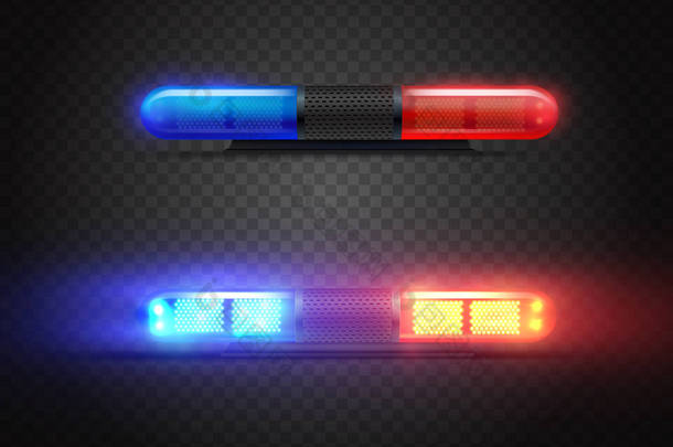 现实的警察领导的平底锅设置。 红色和蓝色的灯。 紧急情况下的透明灯塔.