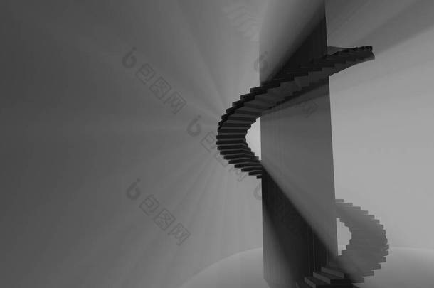 高螺旋楼梯，在一个抽象的空间里，明亮的光线照亮着巨大的粒子。 侧面视图3D插图。 成功的概念攀爬并发现自己