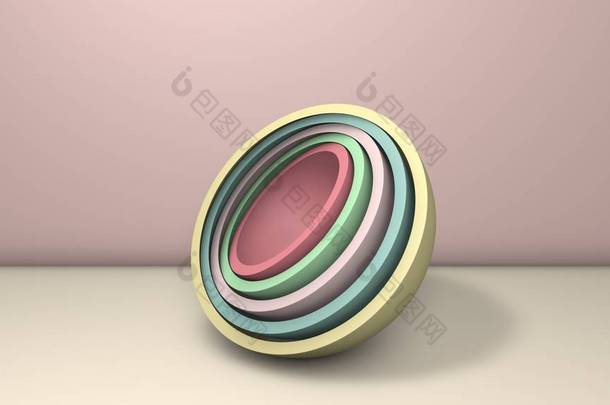 三维的例子几个半球，球的一半类似盘子，杯子... 这些部分是随机安排的。 3D渲染，抽象<strong>简约背景</strong>.