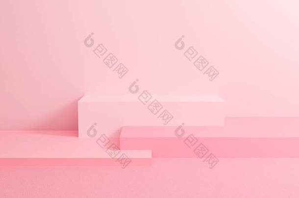 带几何形状的墙体背景图. 三维渲染设计的展示产品在网站上。 粉红场景中的阴蒂概念。 演示和模拟平台。 创意最少.