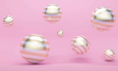 粉色抽象背景与金色条纹飞行球。3d渲染