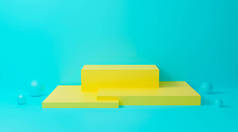 3D蓝色讲台。带几何形状的墙体背景图.明亮的黄色立方体用于促销.三维渲染设计，用于展示产品和在网站上演示。创意最少.