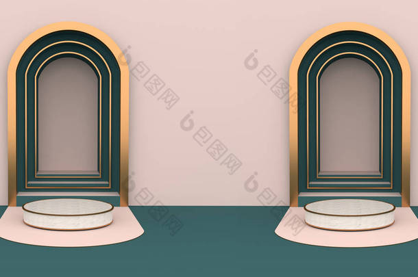 圆形大理石台金彩色边框2台，绿色地面和粉色墙，拱形金黄色框打开，可用于商业广告，以粉色背景隔离，3D渲染.