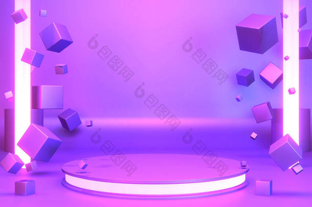 紫色和蓝色的渐变抽象讲台展示.3d渲染