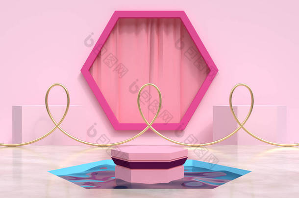 粉红框架幕布几何场景水塘讲台集3D渲染