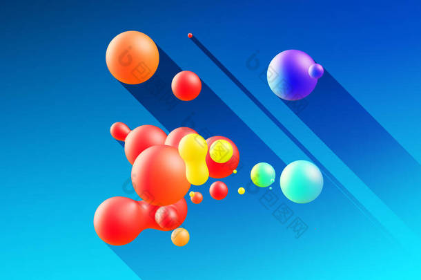 球体或球体像液蜡滴或空气中的球一样合并在一起。彩虹的液体梯度在美丽的水滴上闪烁着<strong>光</strong>芒，在里面散射<strong>光</strong>，在长长的阴影里散发出<strong>光</strong>芒。3D渲染。4