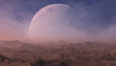 3d 渲染空间艺术：外星星球 - 蓝天的幻想景观