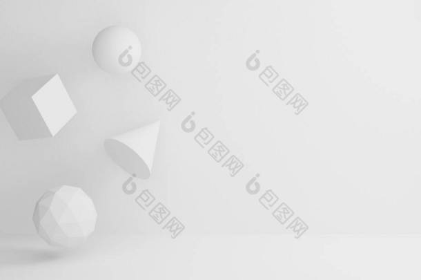 3D白色抽象光灰色背景显示产品和横幅在网站上。3D渲染内部与飞行几何形状。球体，多边形，锥形立方体的运动设计。空白空间.