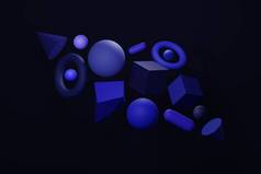 蓝色抽象3D渲染背景，蓝色几何形状。计算机生成的最小背景与立方体，球，锥，圆环。现代招贴画封面设计