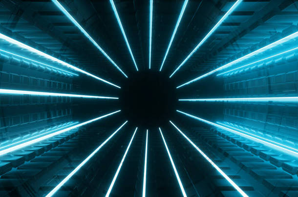 未来主义网络科幻宇宙学虚拟现实霓虹灯激光发光Pantone经典蓝灯圆形隧道走廊<strong>外星</strong>宇宙飞船3D渲染示例