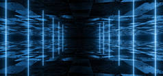 宇宙科幻未来喷射器蓝色霓虹灯现代激光束粗水泥碎石混凝土地板三角形状灯视觉电网络虚拟三维渲染图解