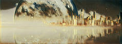 外星星球城市建筑反映在海量数字艺术品上.这张照片的内容是由NASA提供的