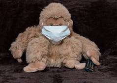 带着医疗面罩和电视遥控器的玩具猴子