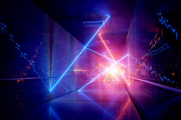 在黑暗的地下<strong>长</strong>隧道中发光的蓝色和橙色霓虹灯管，反射在墙壁和地板上抽象的<strong>背景</strong>三维渲染
