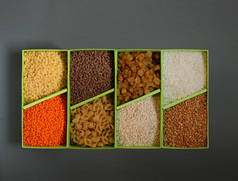 各种干谷类和豆类背景:水稻、豌豆、扁豆、豆子、荞麦小鸭.顶部视图.