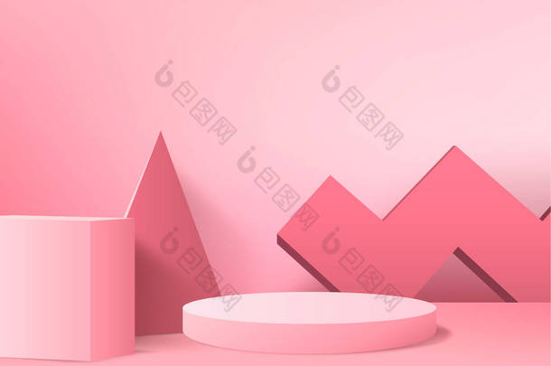 抽象粉红色彩构图，3D渲染，3D插图，背景造型3D粉色与讲台和最小橙色墙场景，3D造型抽象几何形状粉色彩绘。现代网站<strong>颁奖</strong>舞台.