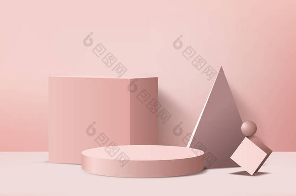 抽象粉红色彩构图，3D渲染，3D插图，背景造型3D粉色与讲台和最小橙色墙场景，3D造型抽象几何形状粉色彩绘。现代网站<strong>颁奖舞台</strong>.