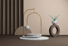 3D渲染抽象的基座，在一个金色拱形的大理石平台从一个带有植物和窗帘的时髦棕色内部链子。高档产品展示会，空旷空间现代设计.