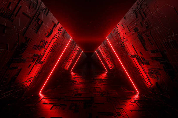 电脑隧道平面图激光霓虹灯<strong>科幻未来</strong>派红外光振动纹理墙体软墙软墙露台空旷事件发光线穿越黑暗之夜3D渲染图解