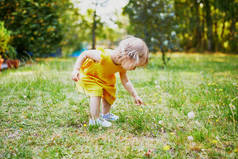 穿着黄色衣服的可爱的蹒跚学步的小女孩，在公园或森林里玩乐，夏天采花。小孩在探索自然。儿童户外活动