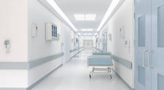 现代医院有长廊，有病床。3D插图