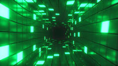 摘要在未来派的走廊背景下飞行，荧光紫外光，发光的彩色霓虹灯立方体，几何无尽的隧道，3D插图
