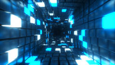 摘要在未来主义走廊中飞行，3D图解背景，荧光紫外光，发光色彩艳丽的霓虹灯立方体，几何无穷无尽的隧道，蓝色光谱