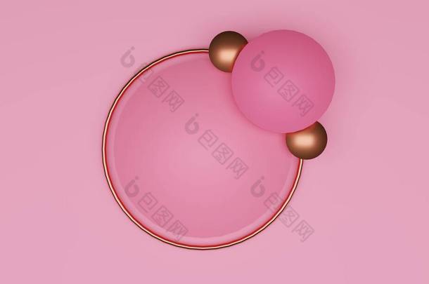 粉色，空白，抽象背景与圆圈和3D渲染金戒指使一个框架或边框与文本和图像的复制空间。很适合背投、横幅、广告和促销.