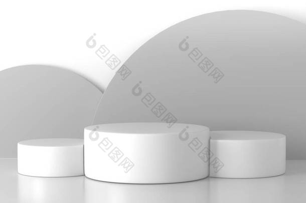 最小豪华白色设计圆柱形圆盒六边形平台白色大理石混凝土墙背景.概念展示场景舞台平台展示，产品，销售，横幅，化妆品。3D渲染