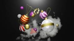 圣诞装饰品飘浮在空间的圣诞节/圣诞节假期时间。在3D插图或3D渲染中，用装饰品浮雕x-mas浮雕