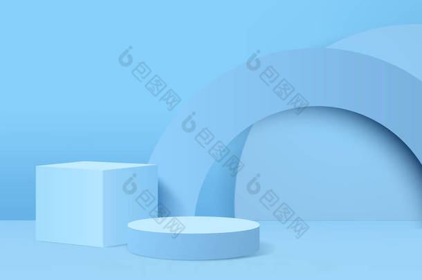 背景3D蓝色渲染与讲台和最小蓝墙场景，最小抽象背景3D渲染抽象<strong>几何形状</strong>蓝色彩绘。现代网站颁奖舞台.