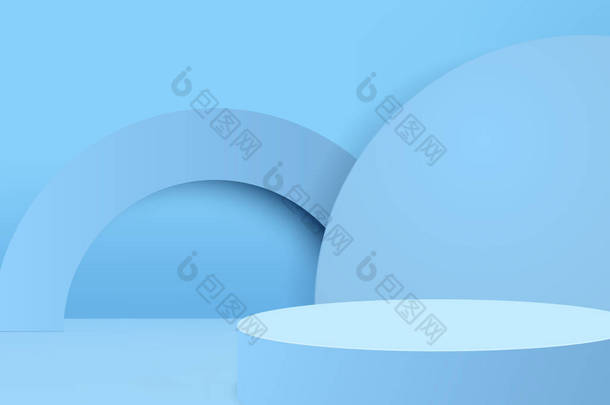 背景3D蓝色渲染与讲台和最小蓝墙场景，最小抽象背景3D渲染抽象<strong>几何形状</strong>蓝色彩绘。现代网站颁奖舞台.