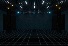 空荡荡的陈列室，灯火辉煌，3D渲染。计算机数字绘图.