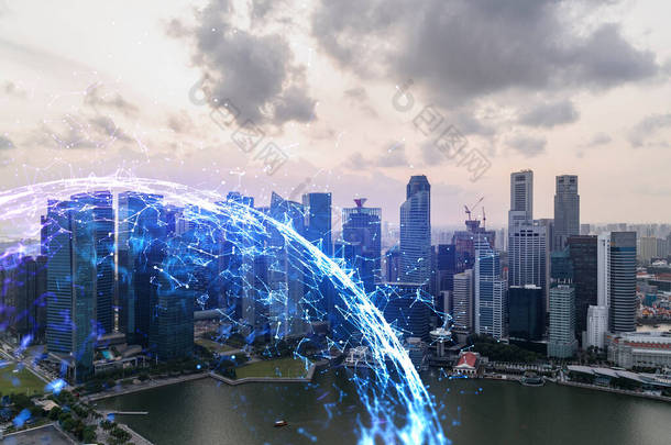 抽象技术的全息图,发光的图标,全景全景新加坡日落,亚洲.世界技术<strong>变革</strong>的概念。加倍暴露.