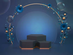 3D渲染经典蓝色讲台背景化妆品或其他物品。3D对象显示背景装饰花卉.