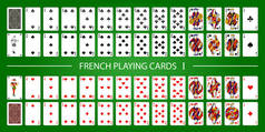 扑克套装与孤立的卡片绿色背景。52张有小丑的法国扑克牌.