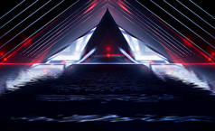 光隧道，抽象的光反射在水中。蓝色背景，光线和线条。房间的夜景.