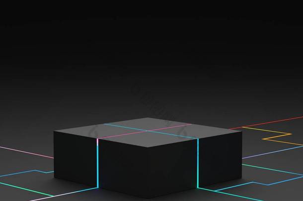 3D几何图形。黑匣子讲台上的霓虹灯在黑暗的主题。产品展示的最小场景。化妆品广告的背景摘要.