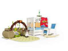 带玩具的玩具垫子和白色靠背、有阴影的木制椅子为儿童铺床