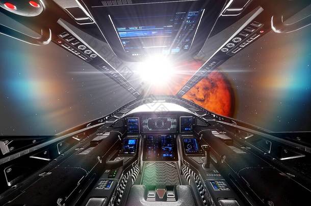 从宇宙飞船的驾驶舱、驾驶舱宇宙飞船背景、驾驶舱<strong>UFO</strong> 3d渲染的视图