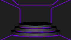 黑色圆形底座3D和紫色霓虹灯发光，化妆品展示现代和引导灯，讲台舞台展示位置装饰紫色荧光灯，底座盒产品位置