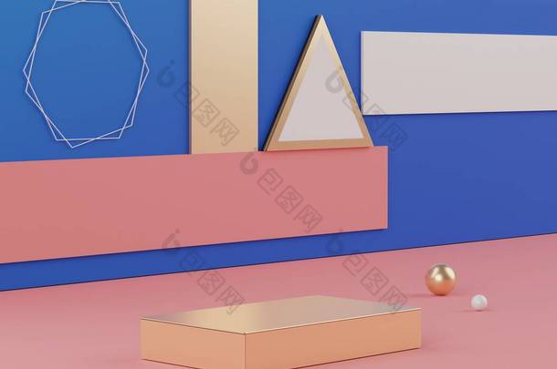 3D渲染空金盒平台。用干净设计的空白底座和店面。产品展示的最小场景。化妆品广告的背景摘要.