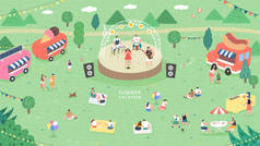 室外音乐节概念图解。人们在公园野餐.人们坐在绿草上，野餐时吃饭，夏天在户外度周末.