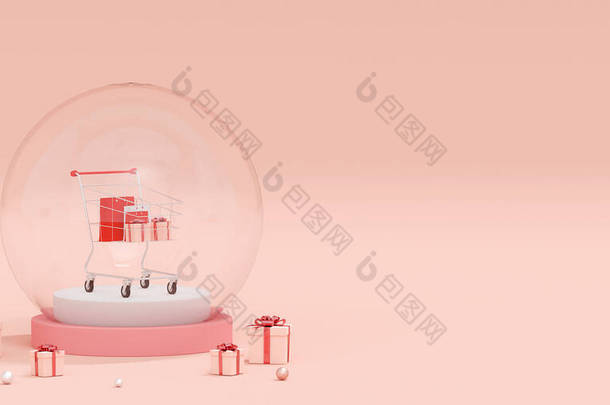 网页设计广告横幅背景、购物袋及粉色背景水晶购物车礼品3D渲染
