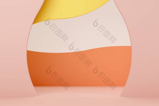 3D例证。具有讲台和抽象背景的最小渲染场景。<strong>几何形状</strong>。奶油，橙色，黄色，柔和的颜色。化妆品背景曲线的场景.