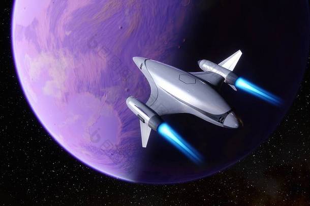 宇宙飞船在外行星附近飞行，未来的宇宙飞船在太空，ufo，宇宙飞船在太空